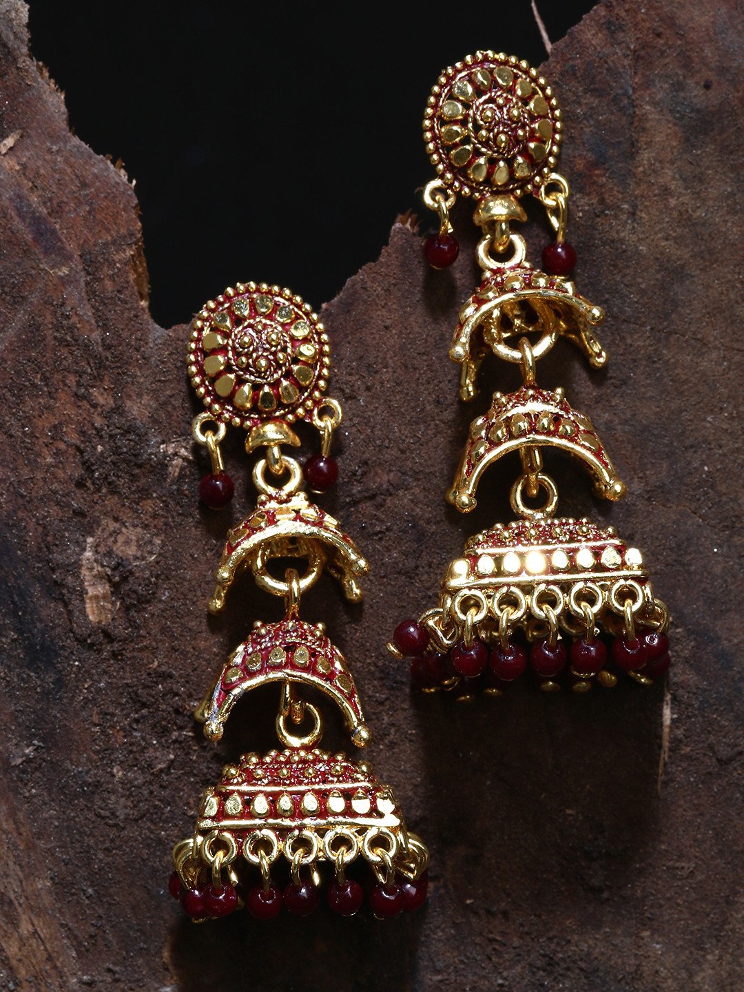 

ANIKAS CREATIOn Gold Plated & Maroon Enamelled Circular Shaped Jhumkas