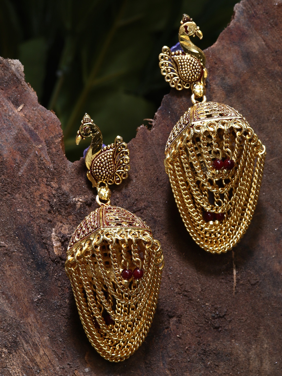 

ANIKAS CREATIOn Gold Plated & Maroon Enamelled Peacock Shaped Jhumkas