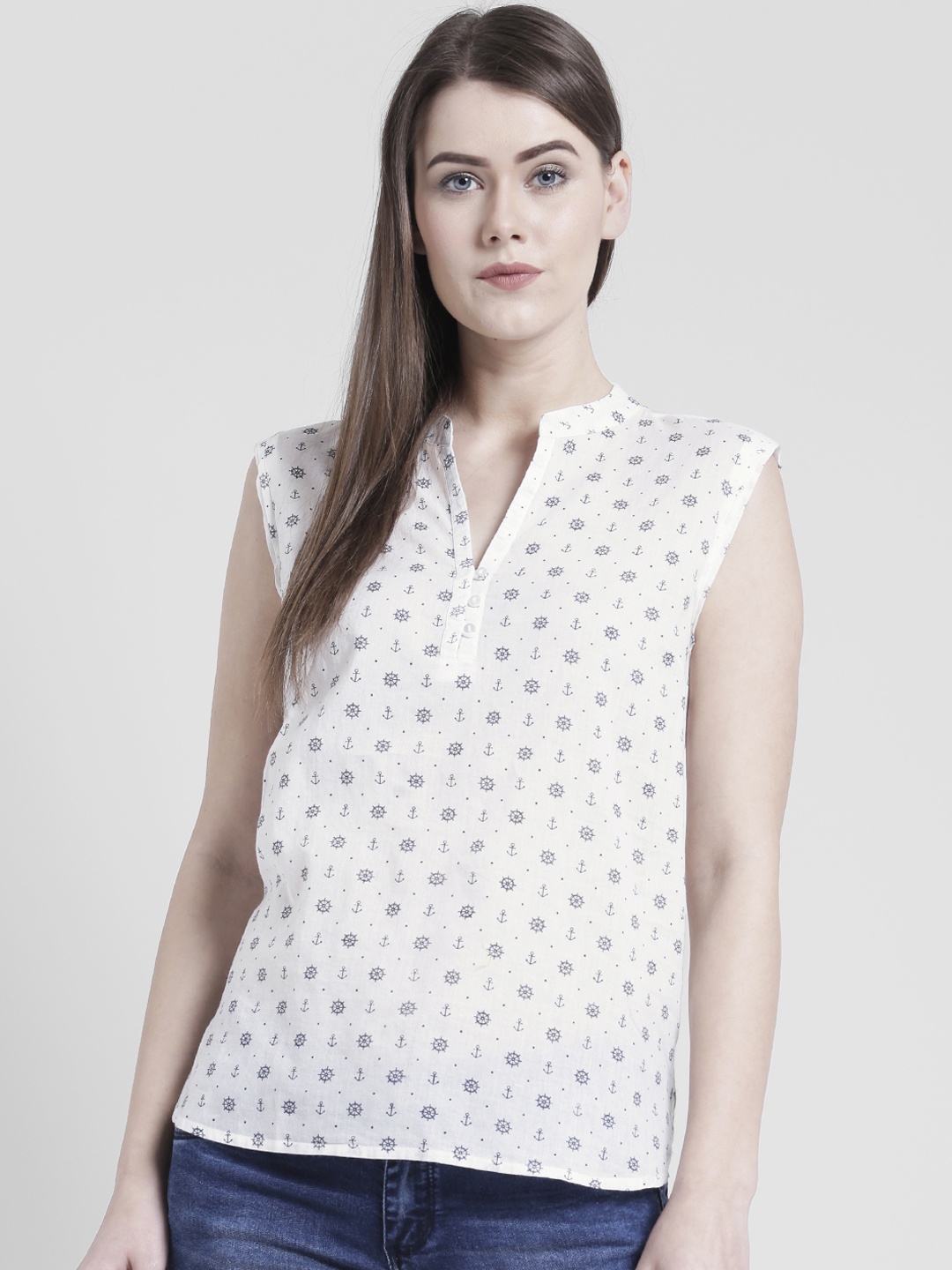 

Yaadleen Women White & Navy Blue Printed Pure Cotton Top