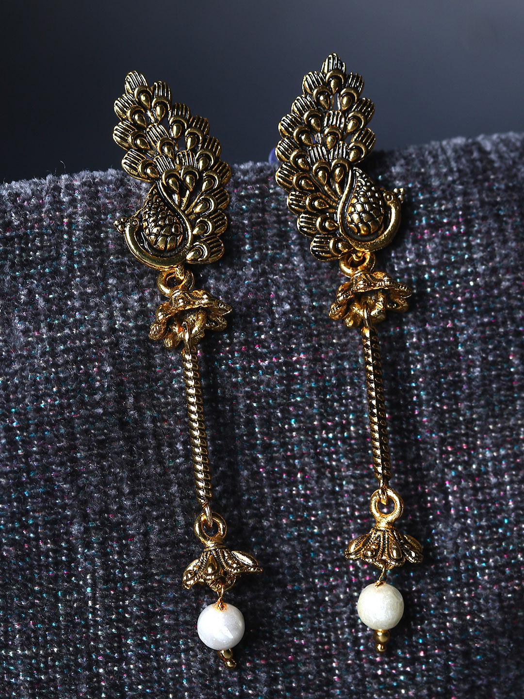 

ANIKAS CREATION Gold-Plated Enamelled Antique Peacock Shaped Drop Earrings