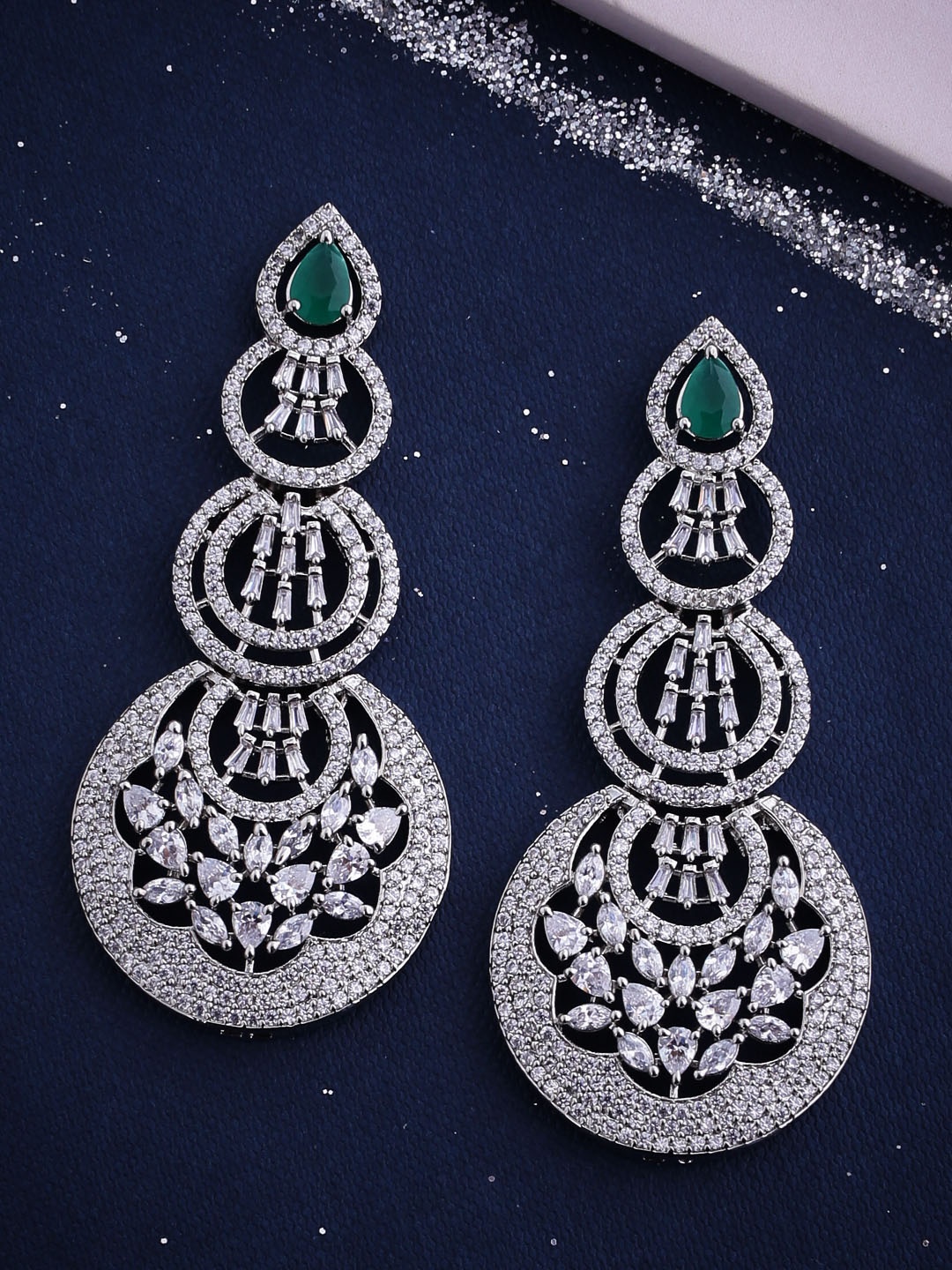 

Voylla Green Silver-Plated Cubic Zirconia Studded Classic Drop Earrings