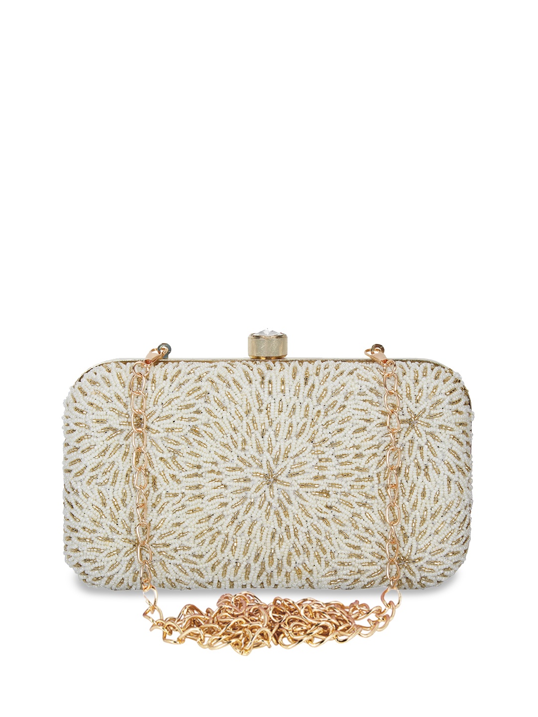 

Anekaant Off-White & Gold-Toned Embellished Faux Silk Clutch
