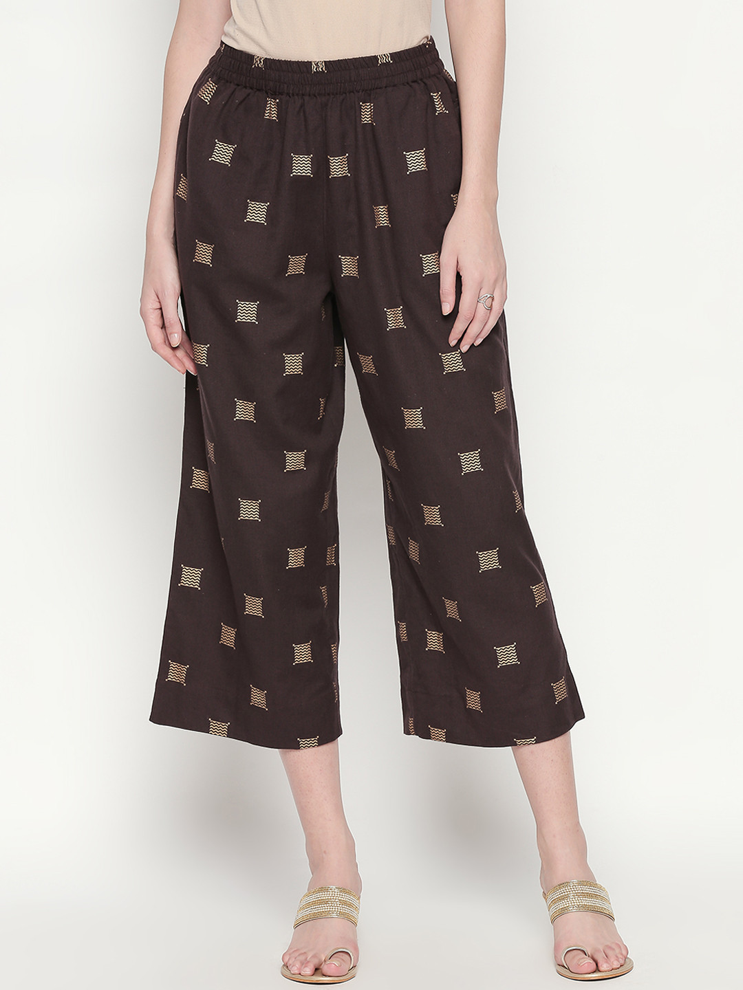 

RANGMANCH BY PANTALOONS Women Charcoal Grey & Beige Regular Fit Printed Culottes