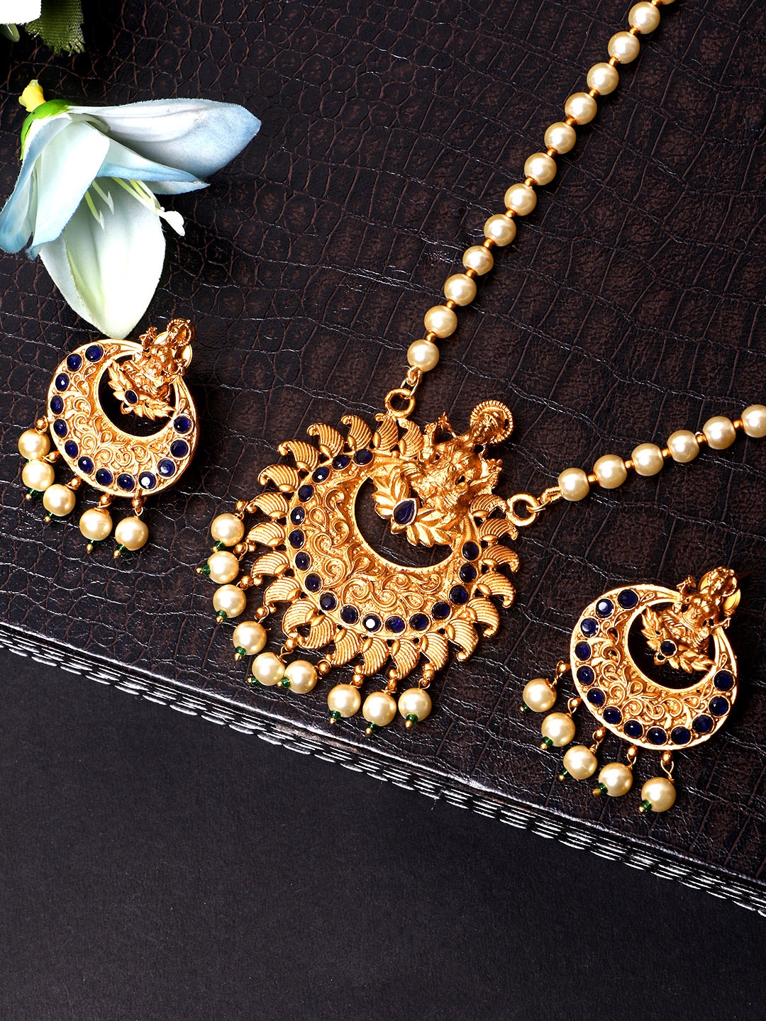 

ANIKAS CREATION Gold-Plated & Black Stone Studded Maa Laxmi Temple Jewellery Set