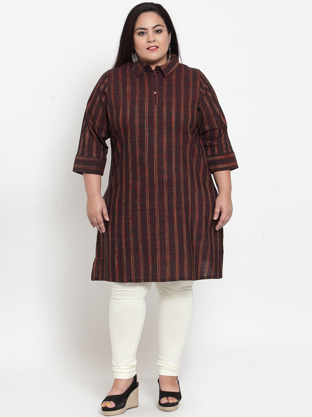 

plusS Women Brown Striped Straight Kurta