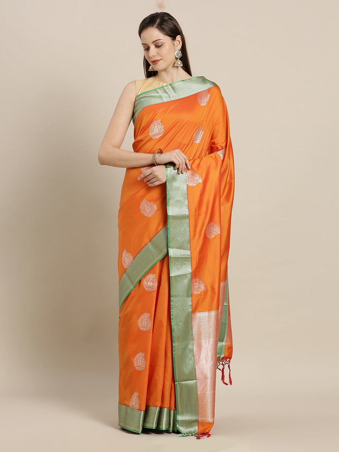 

Mitera Orange & Green Silk Blend Woven Design Kanjeevaram Saree