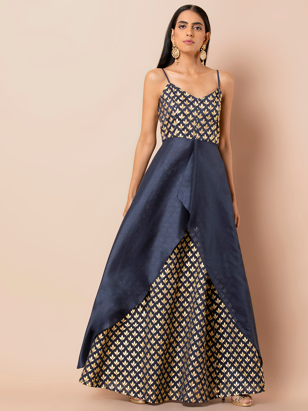

INDYA Women Navy Blue & Golden Printed A-Line Kurta