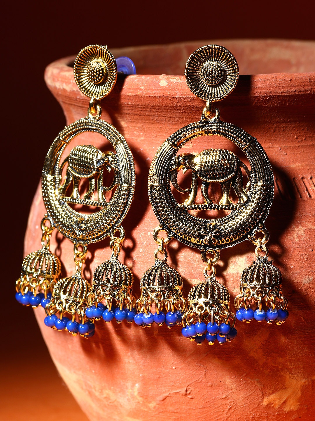

ANIKAS CREATIOn Gold Plated & Blue Circular Drop Earrings