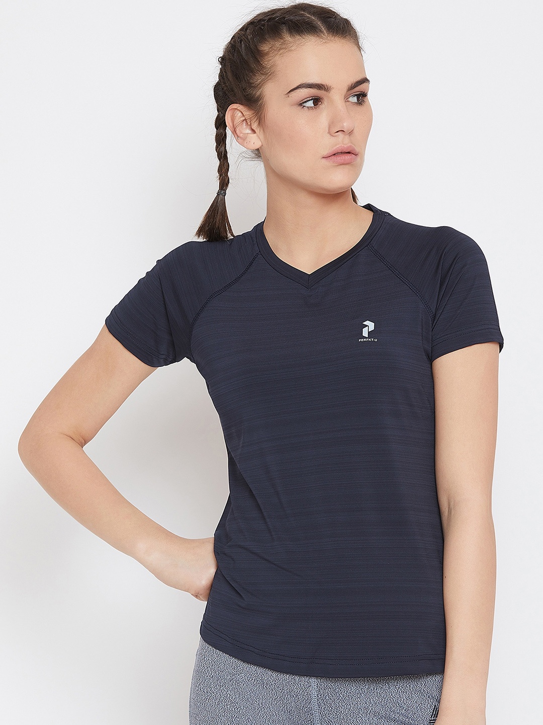 

PERFKT-U Women Navy Blue Striped V-Neck T-shirt