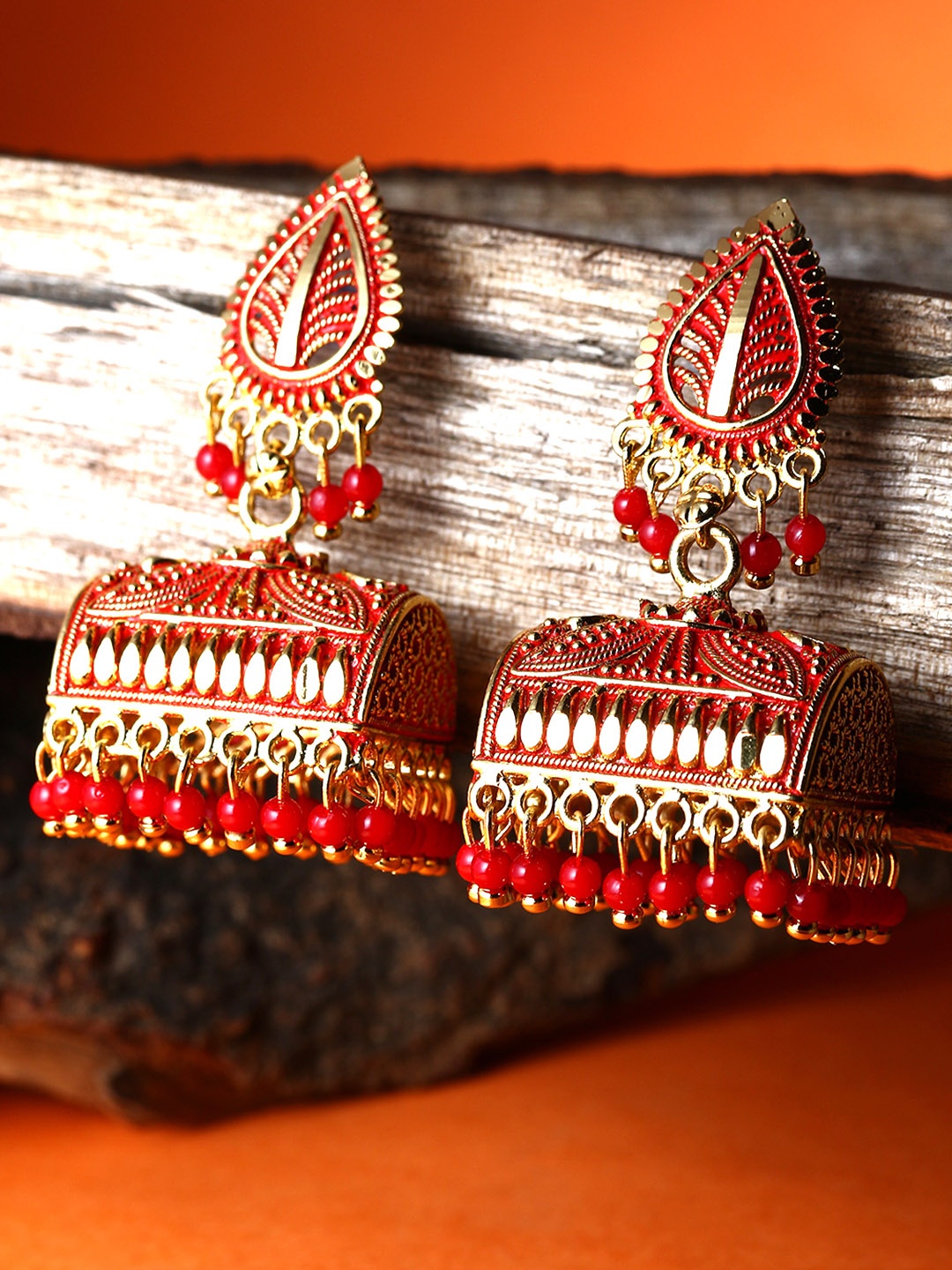

ANIKAS CREATION Gold plated Red Leaf Shaped Enamelled Jhumkas