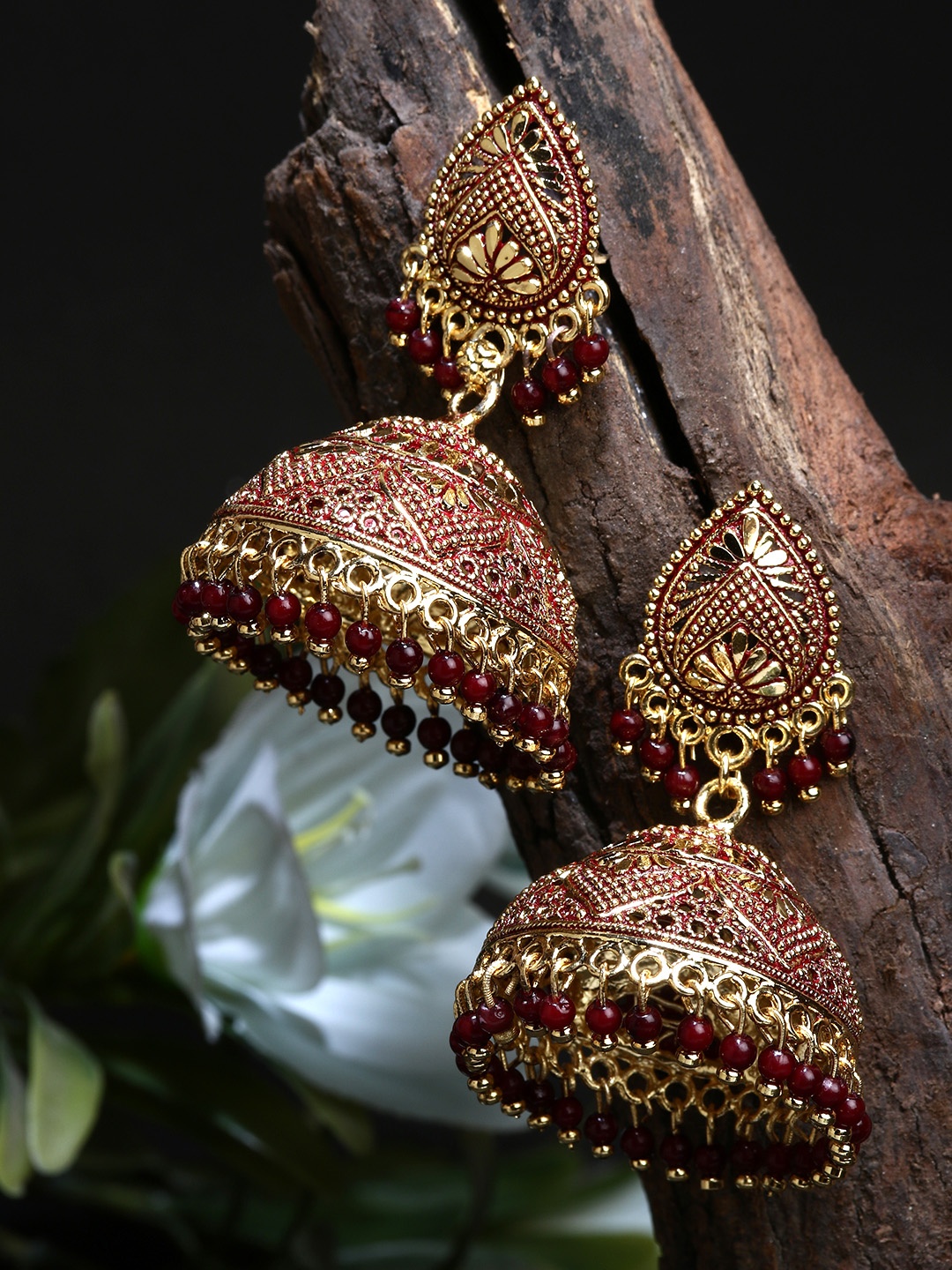 

ANIKAS CREATION Gold plated & Maroon Dome Shaped Enamelled Jhumkas