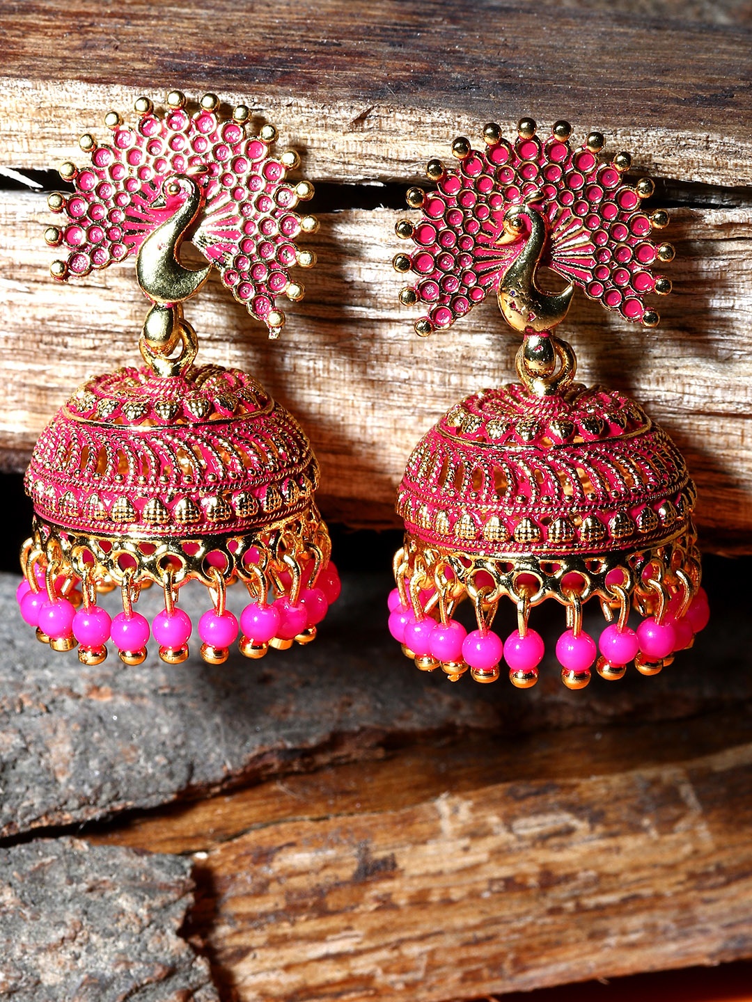 ANIKAS CREATION Pink & Gold-Plated Enamelled Dome Shaped Jhumkas