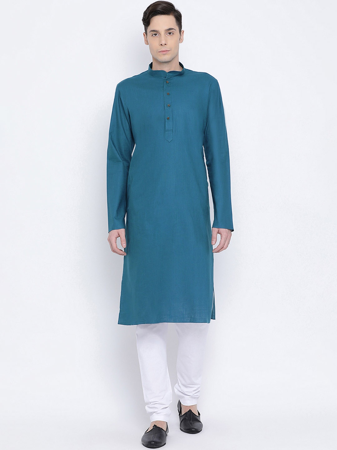 

NAMASKAR Men Blue & White Solid Kurta with Churidar