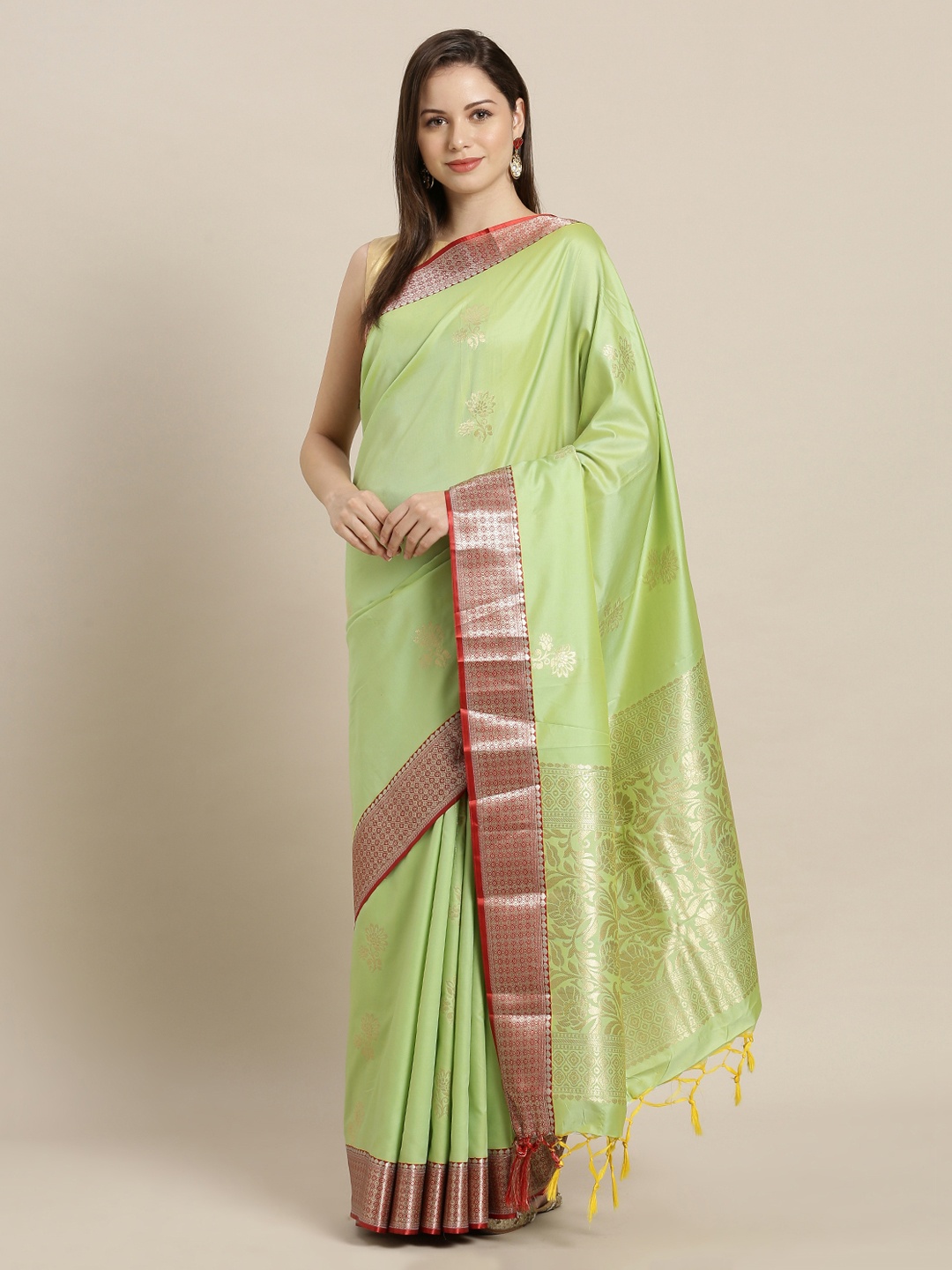 

Mitera Sea Green & Red Silk Blend Woven Design Kanjeevaram Saree