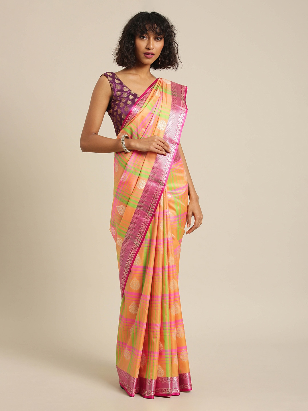 

Mitera Yellow & Pink Silk Blend Woven Design Kanjeevaram Saree