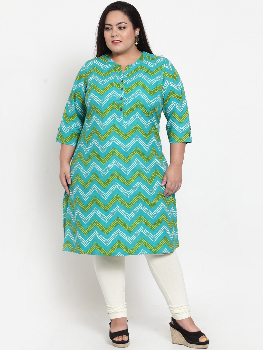 

plusS Women Turquoise Blue & Green Striped Straight Kurta