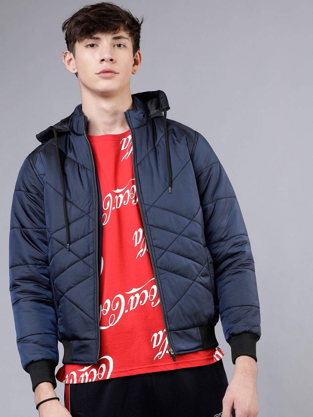 

HIGHLANDER Men Navy Blue Self Design Padded Jacket