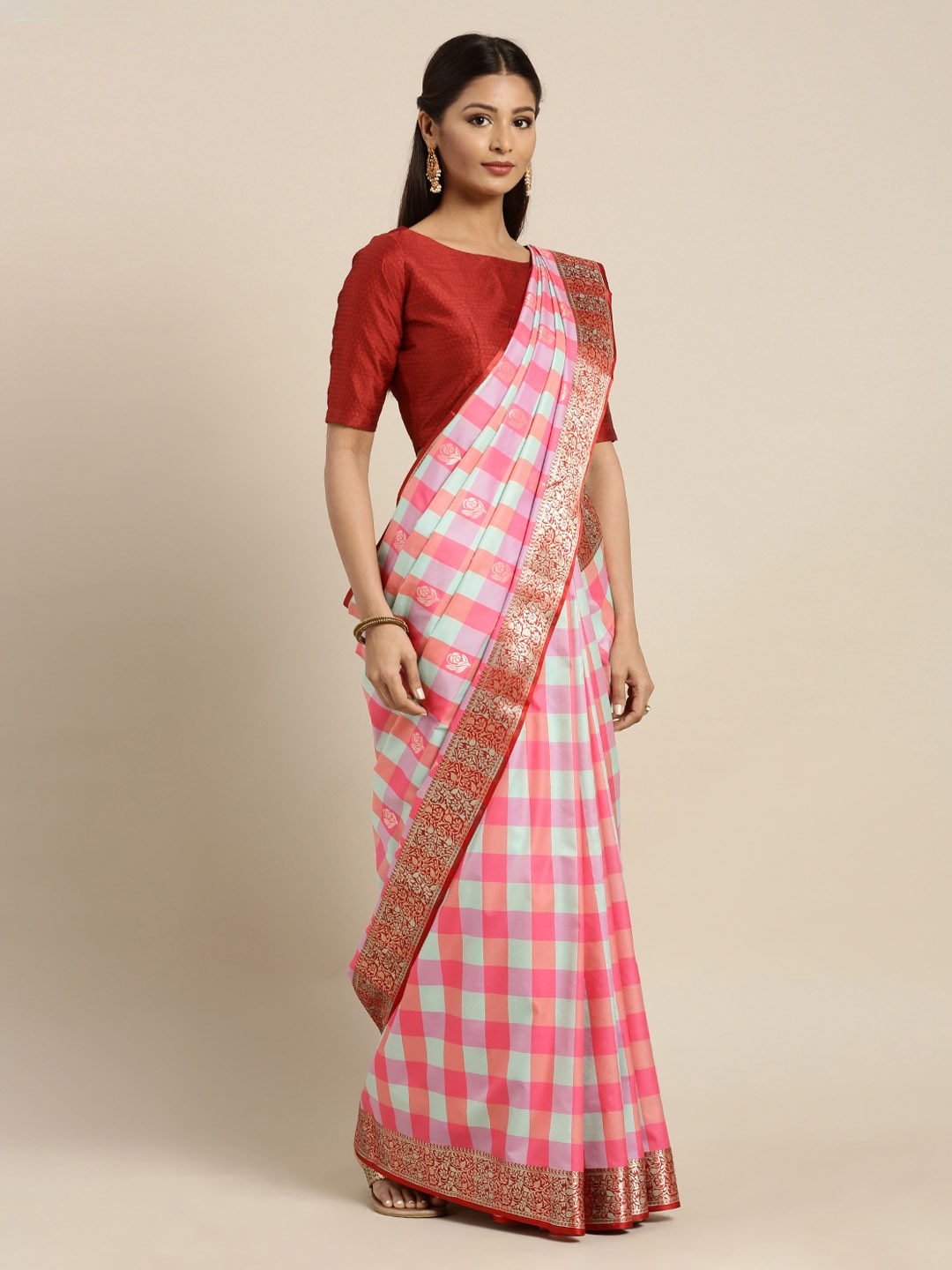 

Mitera Pink & Blue Silk Blend Checked Kanjeevaram Saree
