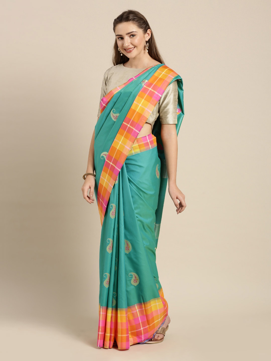 

Mitera Teal Green Silk Blend Woven Design Kanjeevaram Saree