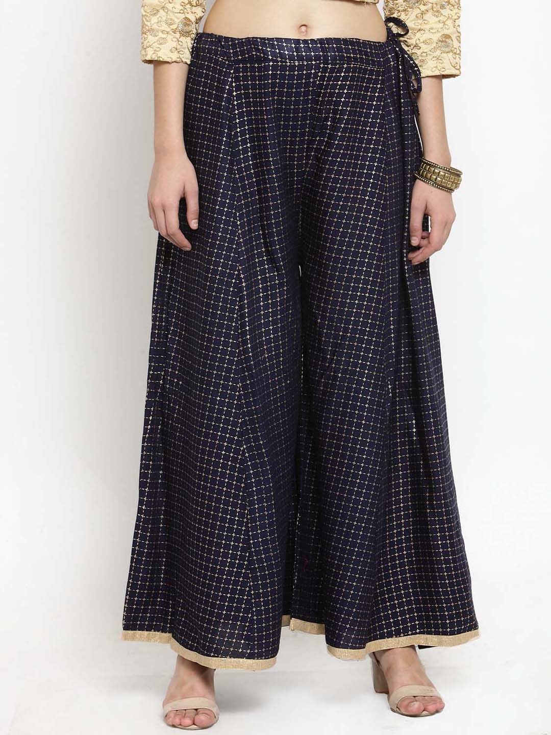 

Clora Creation Women Navy Blue & Gold-Toned Printed Flared Palazzos