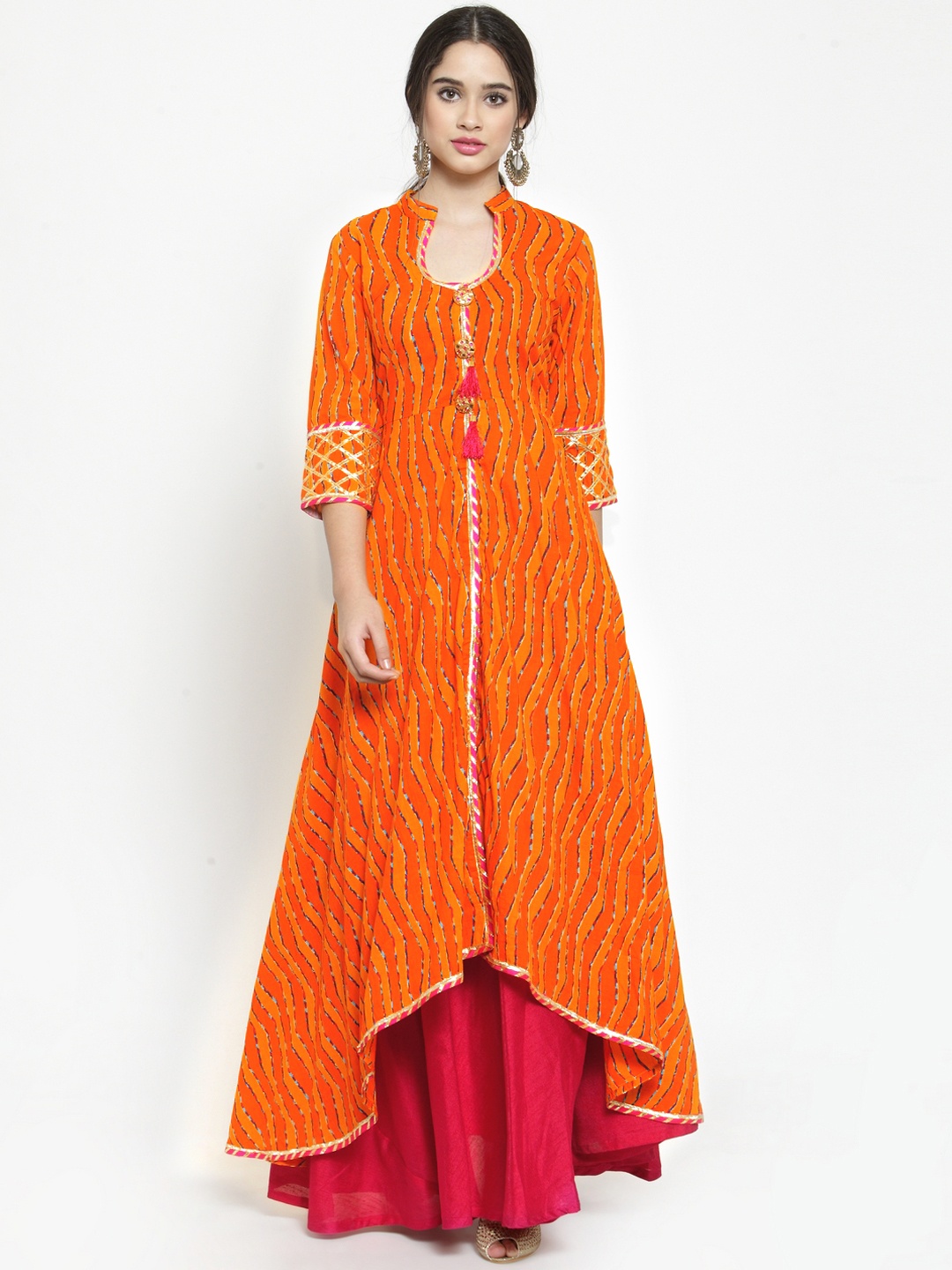 

Get Glamr Women Orange & Red Leheriya Print A-Line Kurta