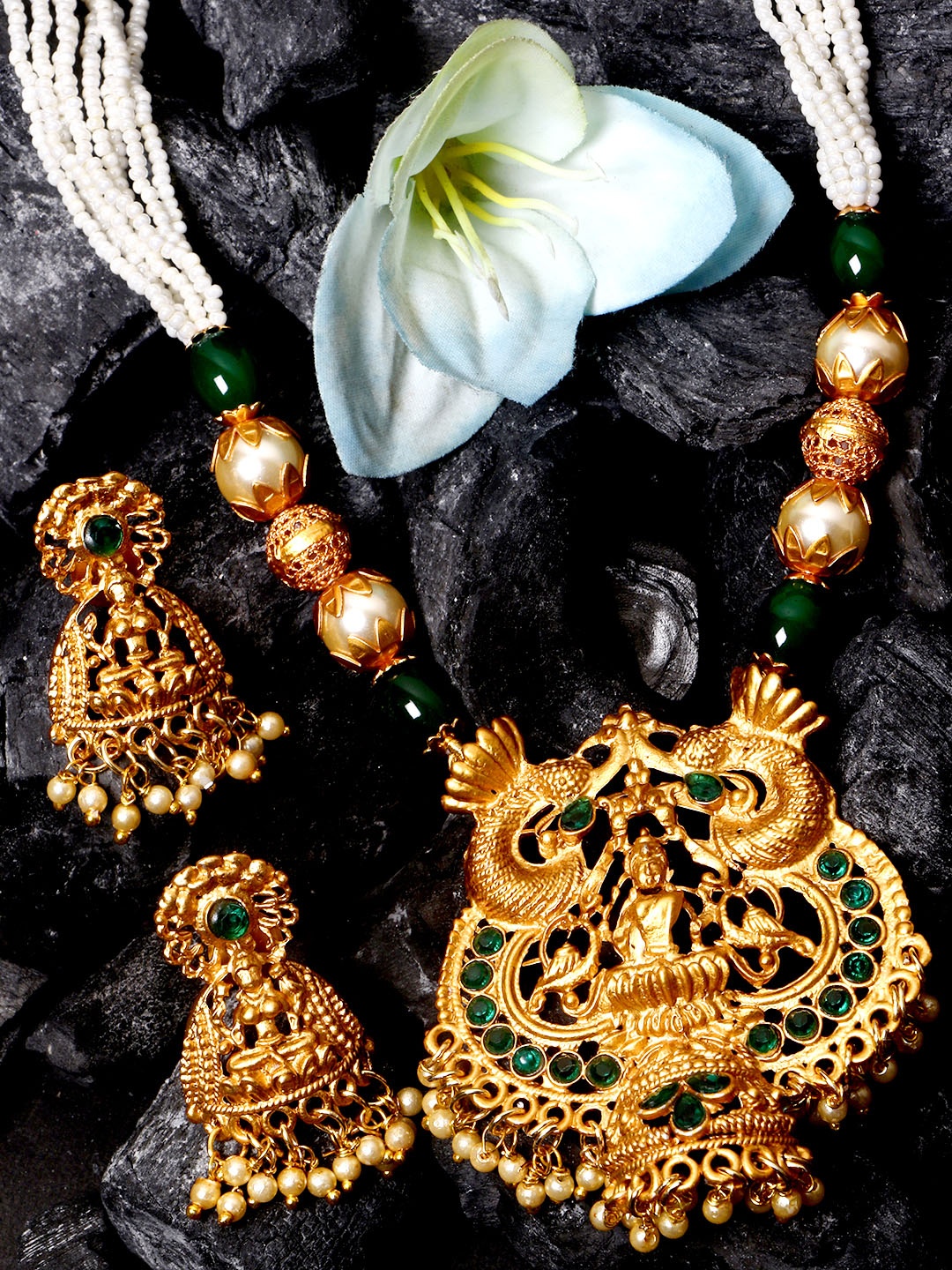 

ANIKAS CREATION Gold-Plated & Green Stone Studded Maa Laxmi Temple Jewellery Set