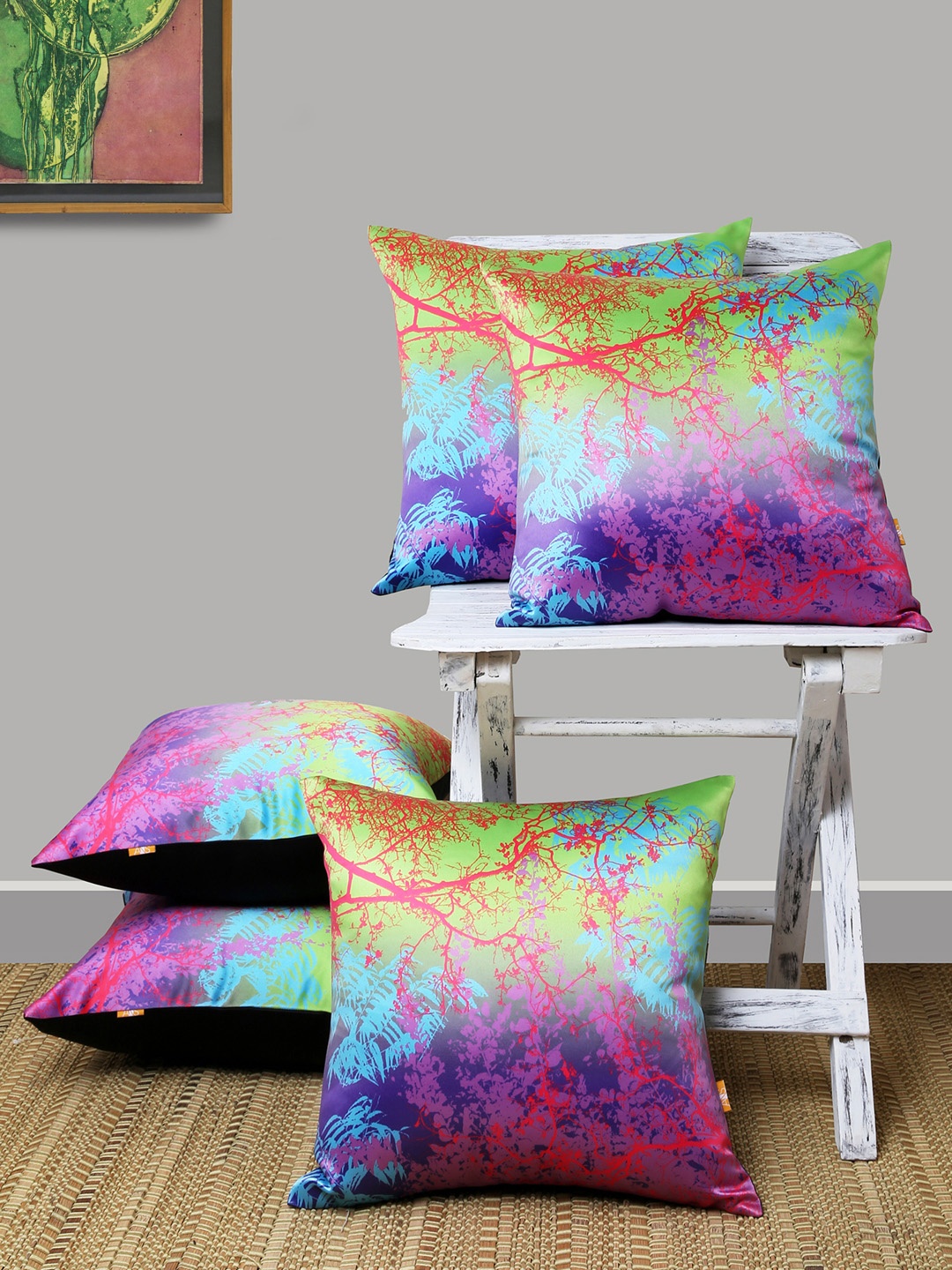 ANS Green & Pink Set of 5 Abstract Square Cushion Covers
