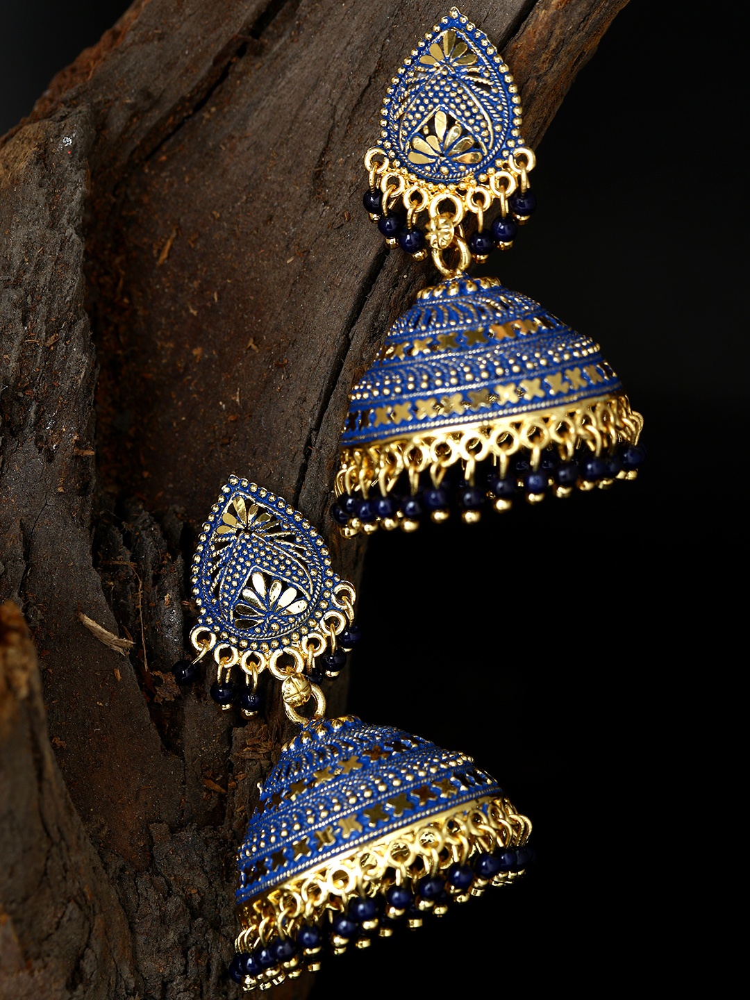 

ANIKAS CREATION Gold Plated & Blue Enamelled Dome Shaped Jhumkas