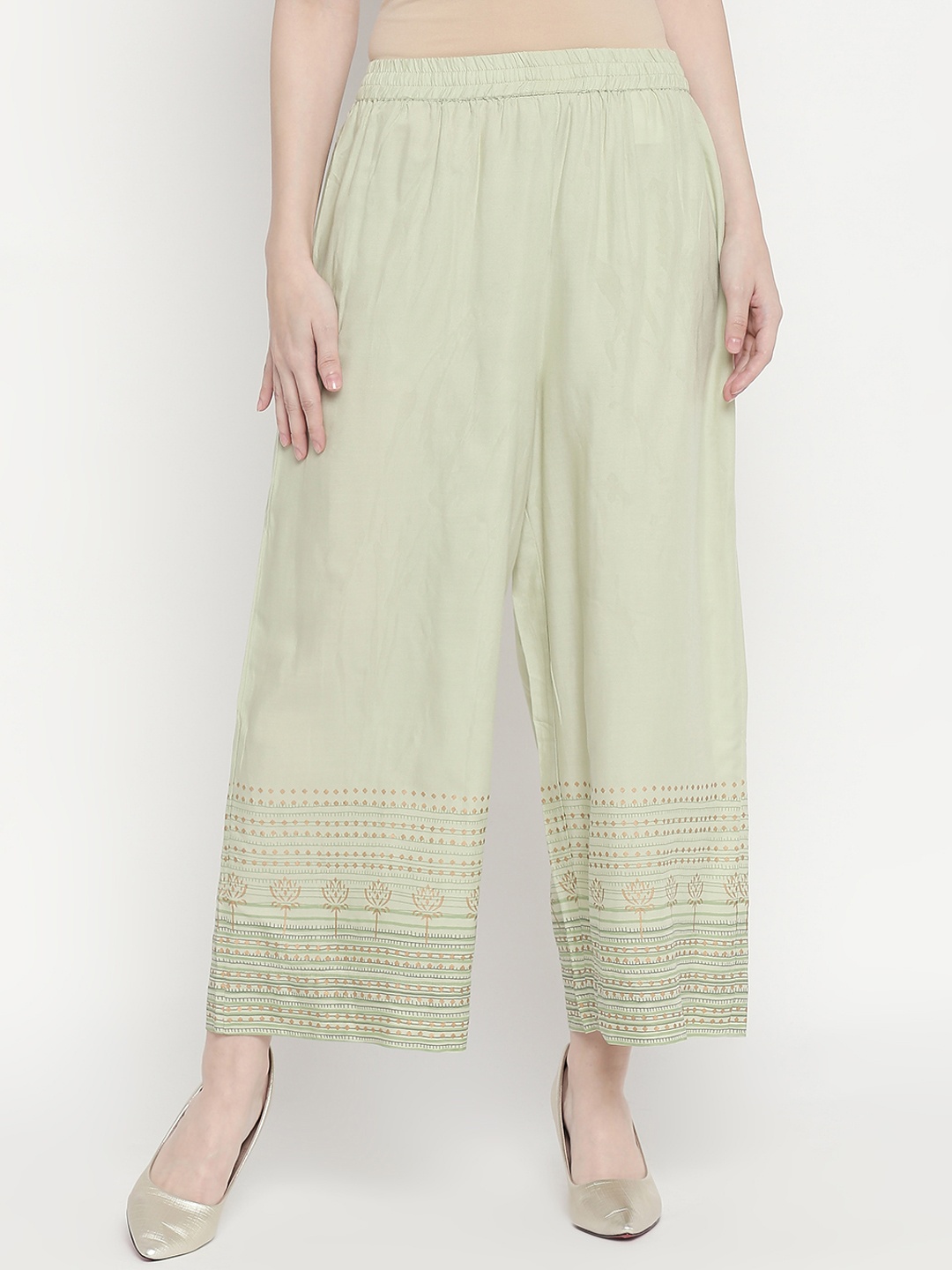 

RANGMANCH BY PANTALOONS Women Olive Green Regular Fit Printed Parallel Trousers
