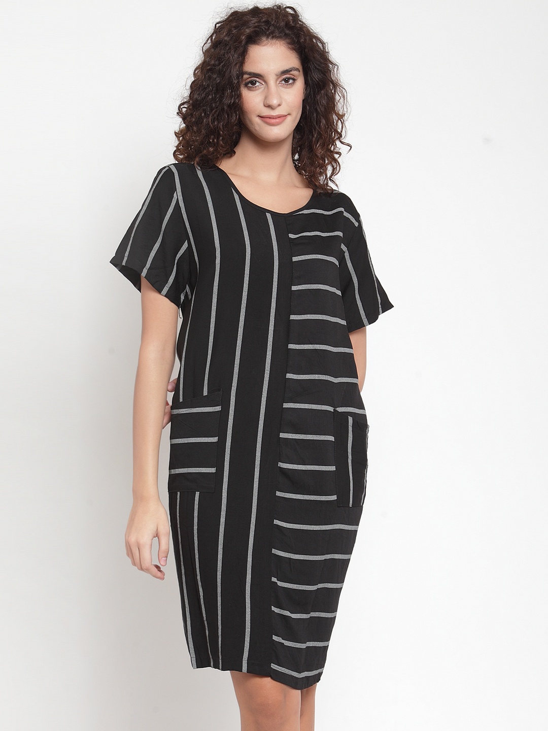 

J Style Women Black & Grey Striped T-shirt Dress