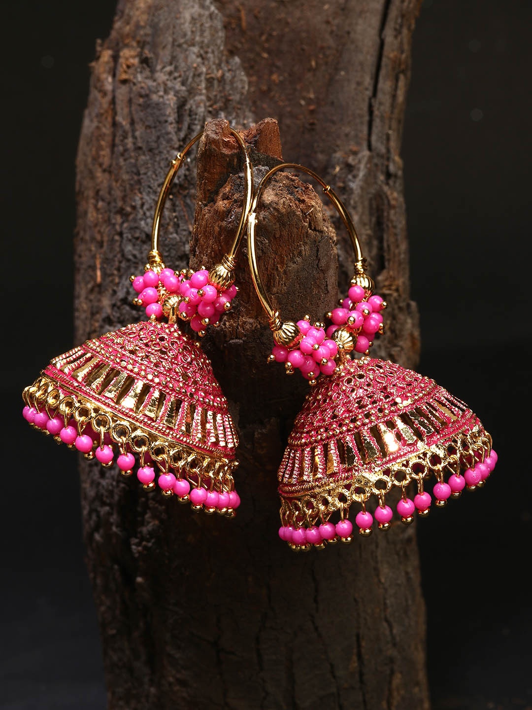 

ANIKAS CREATION Pink & Gold-Plated Enamelled Dome Shaped Jhumkas