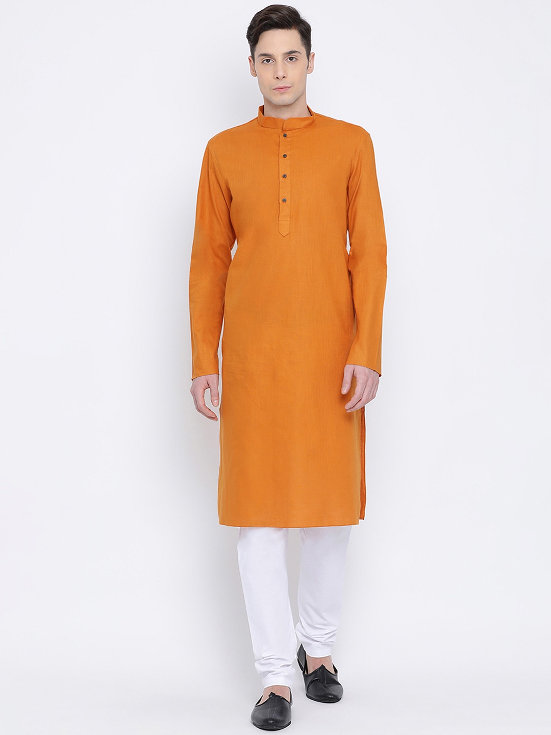 

NAMASKAR Men Orange & White Solid Kurta with Churidar