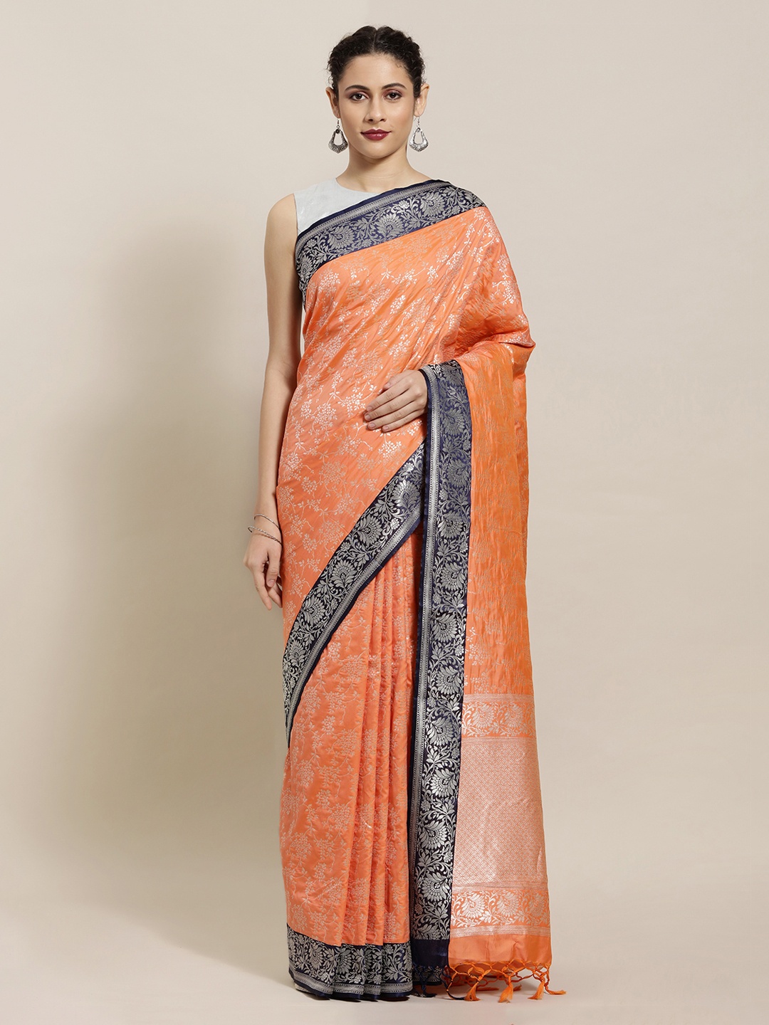 

Mitera Orange & Navy Blue Silk Blend Woven Design Banarasi Saree