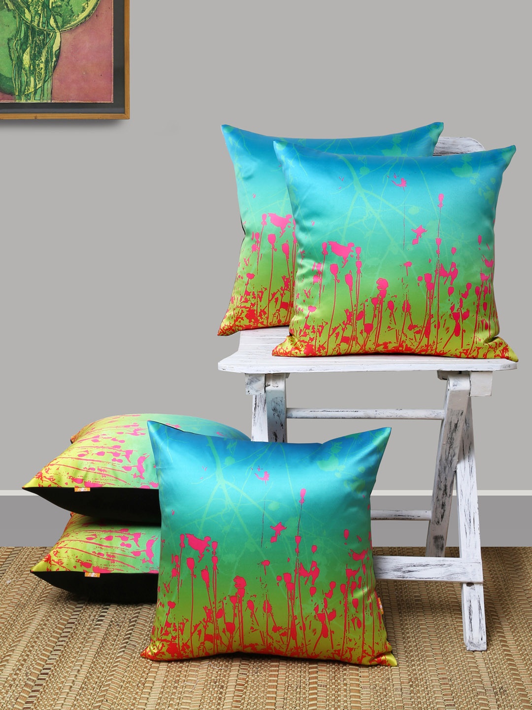 

ANS Green & Blue Set of 5 Floral Square Cushion Covers