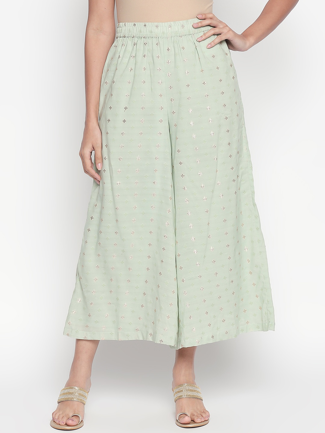 

RANGMANCH BY PANTALOONS Women Green Regular Fit Printed Parallel Trousers