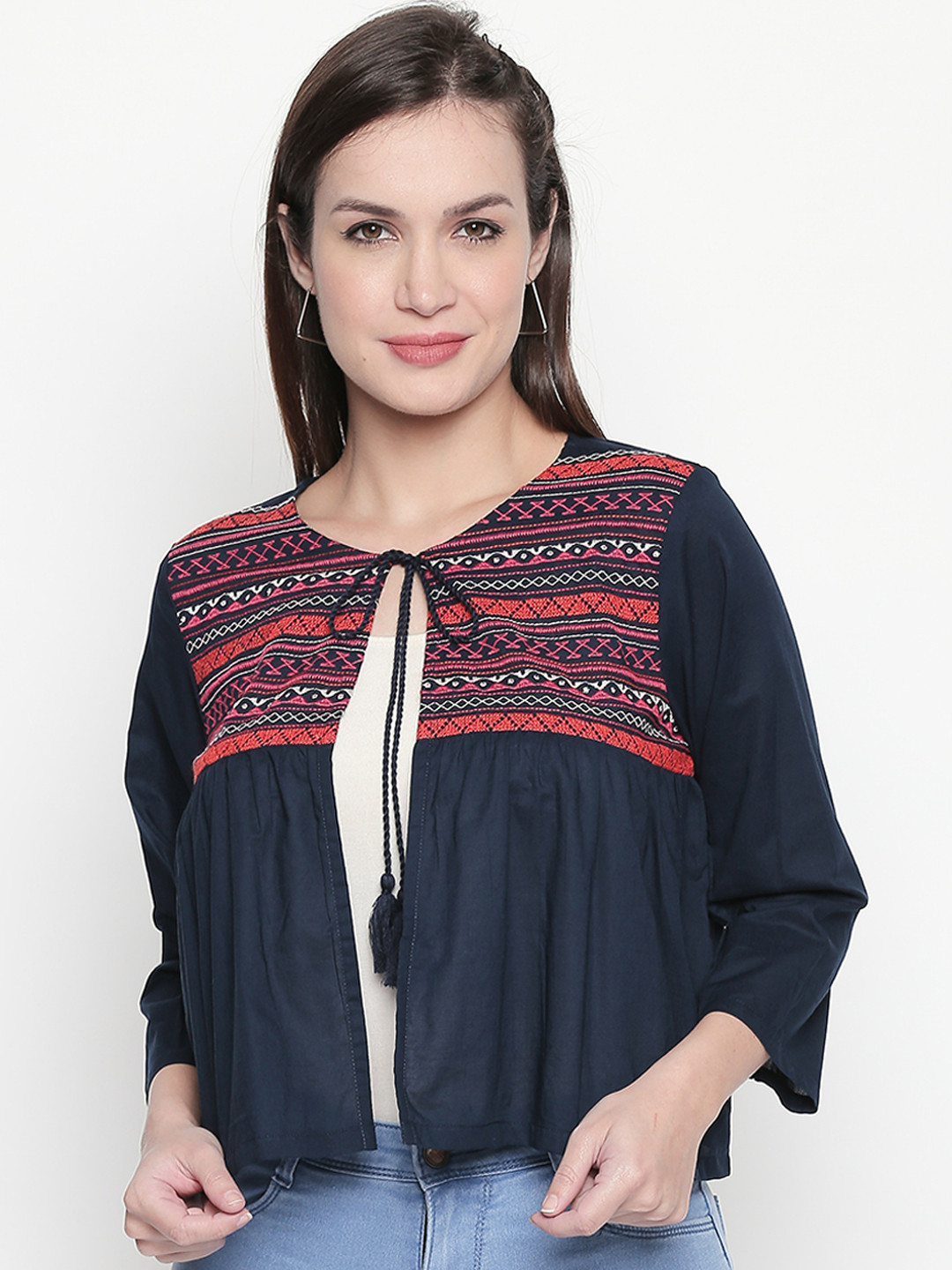 

AKKRITI BY PANTALOONS Women Blue Self Design Jacket