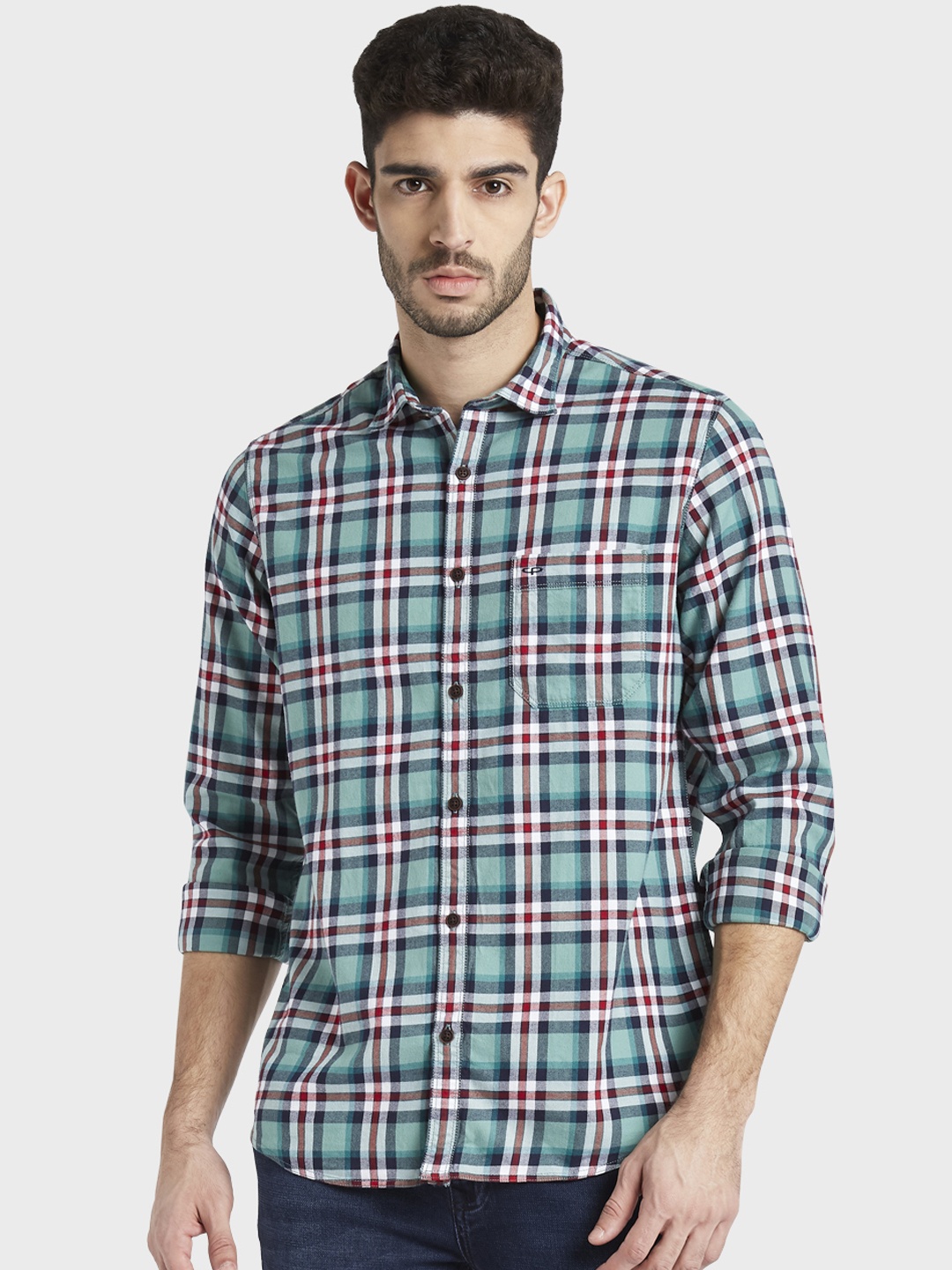 ColorPlus Men Green & Red Regular Fit Checked Casual Shirt