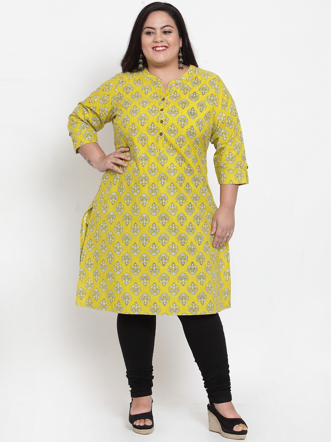 

plusS Women Lime Green & White Floral Print Straight Kurta