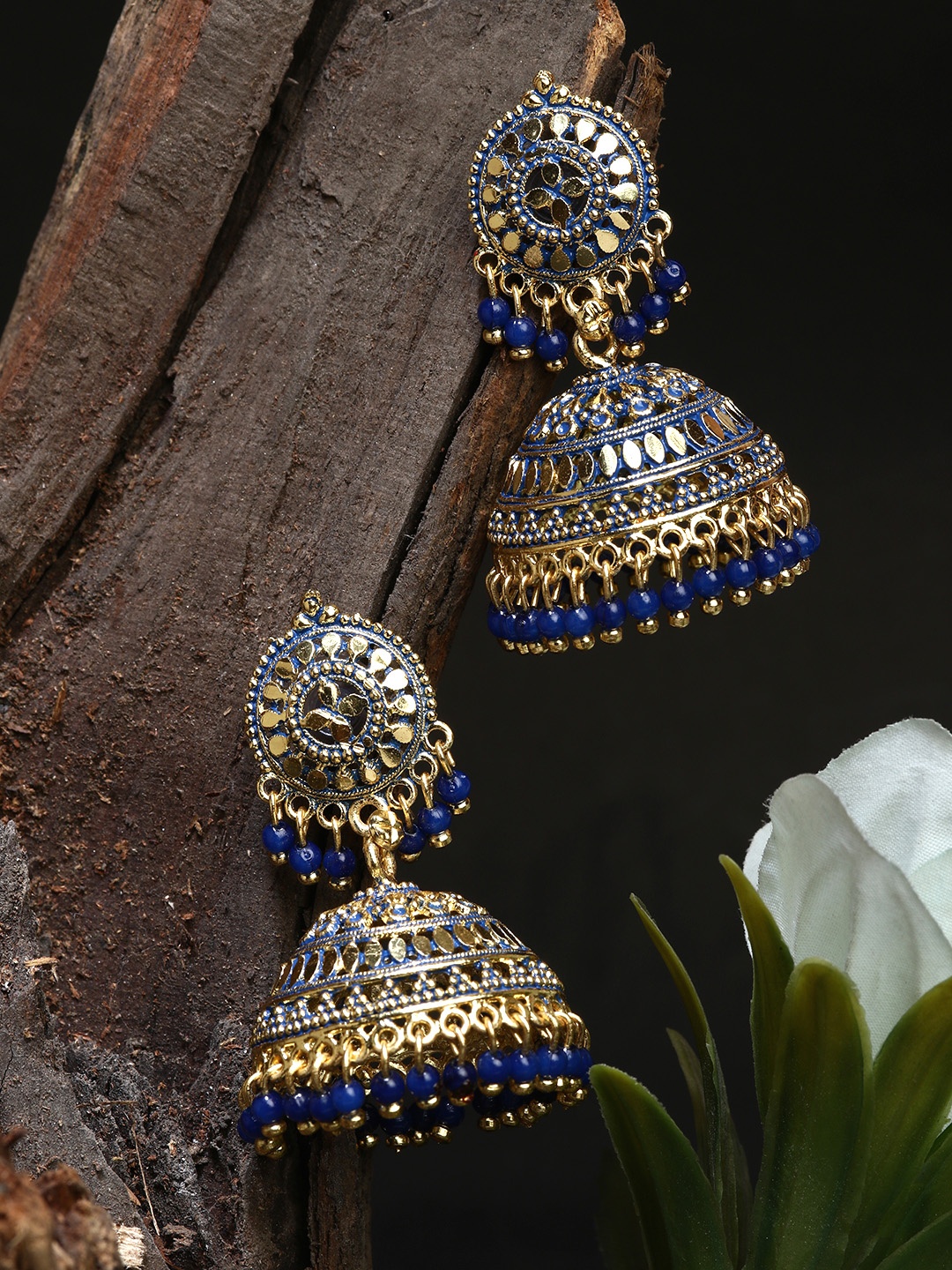 

ANIKAS CREATION Gold Plated & Blue Dome Shaped Enamelled Jhumkas