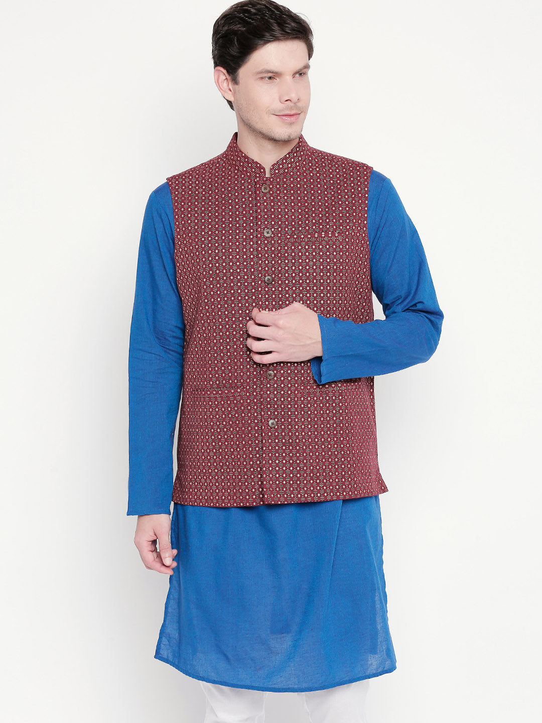 

Indus route by Pantaloons Men Maroon Printed Pure Cotton Nehru Jacket
