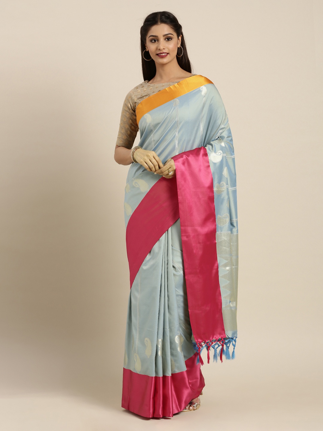 

Mitera Blue Silk Blend Woven Design Kanjeevaram Saree