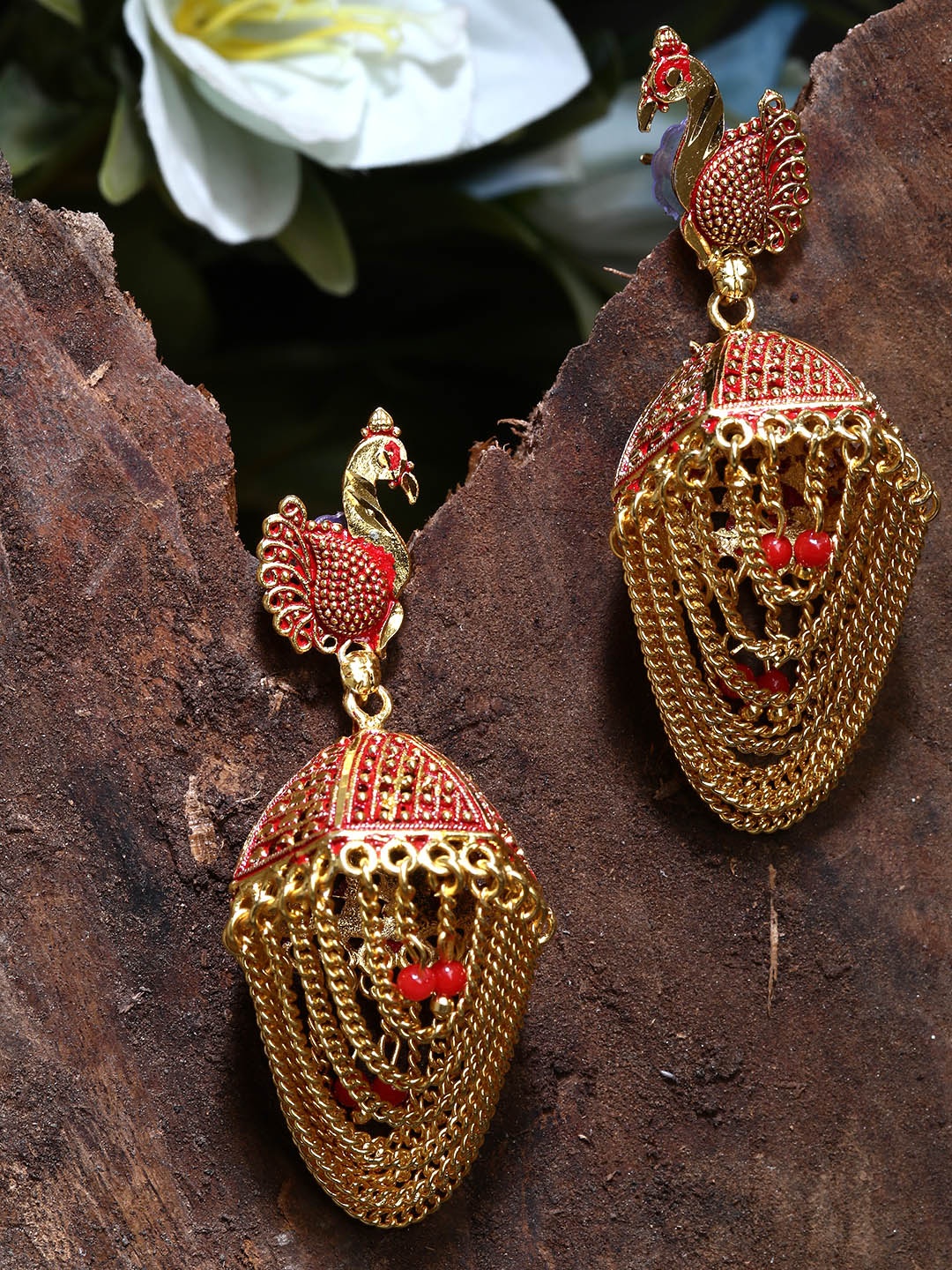 

ANIKAS CREATION Gold plated & Red Peacock Shaped Enamelled Jhumkas