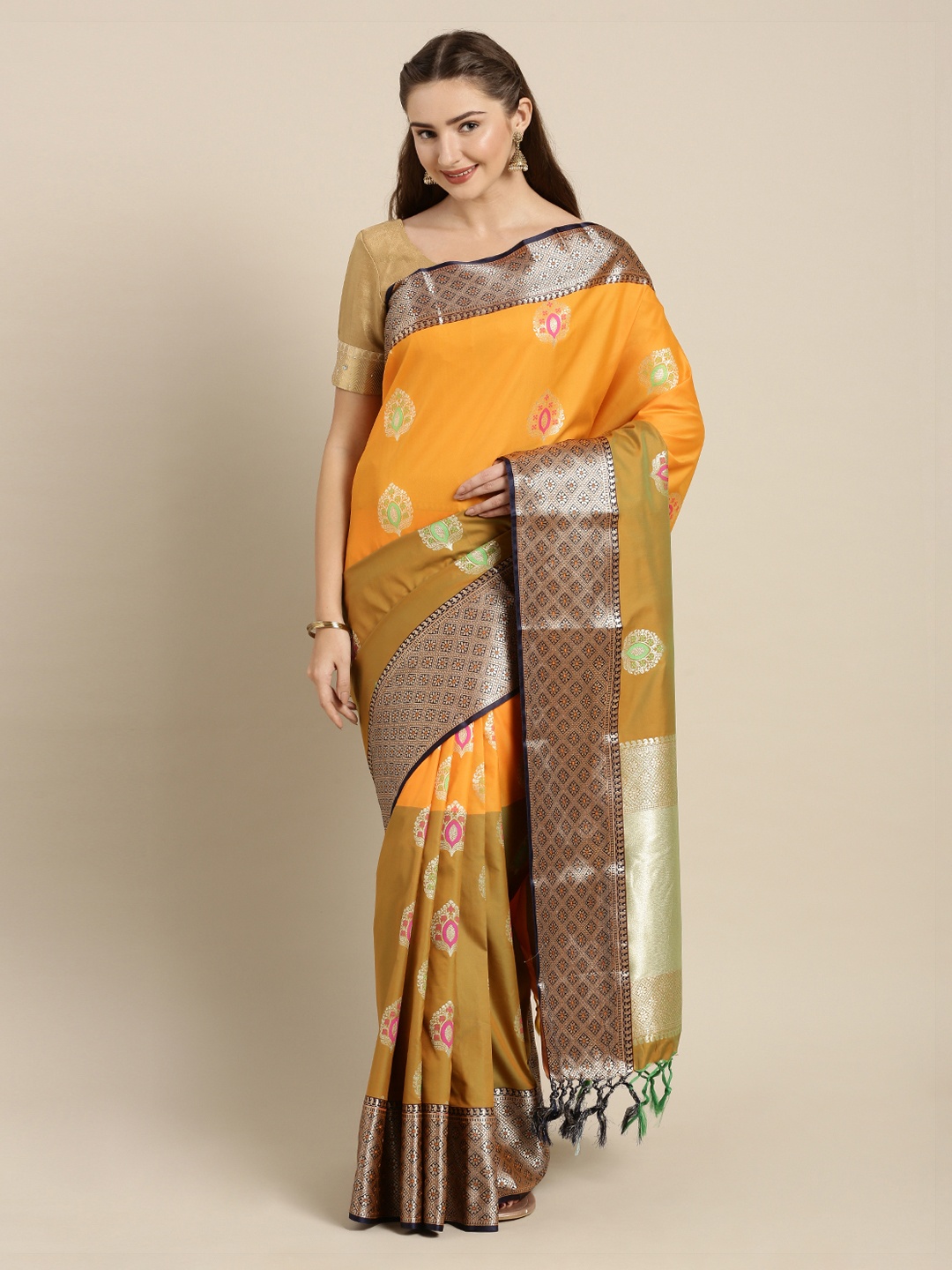 

Mitera Orange Silk Blend Woven Design Kanjeevaram Saree