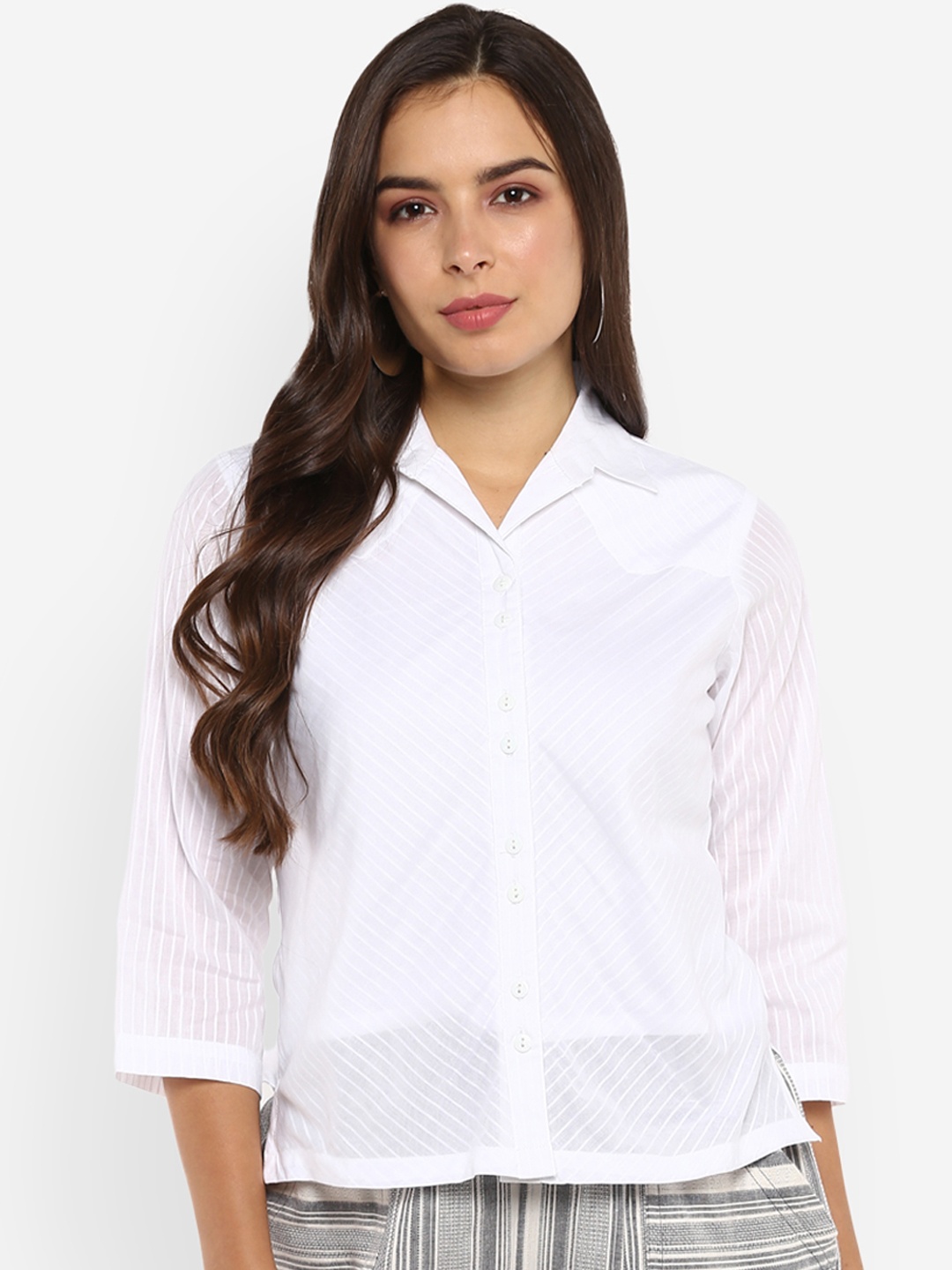 

Ayaany Women White Self Design Regular Fit Casual Shirt
