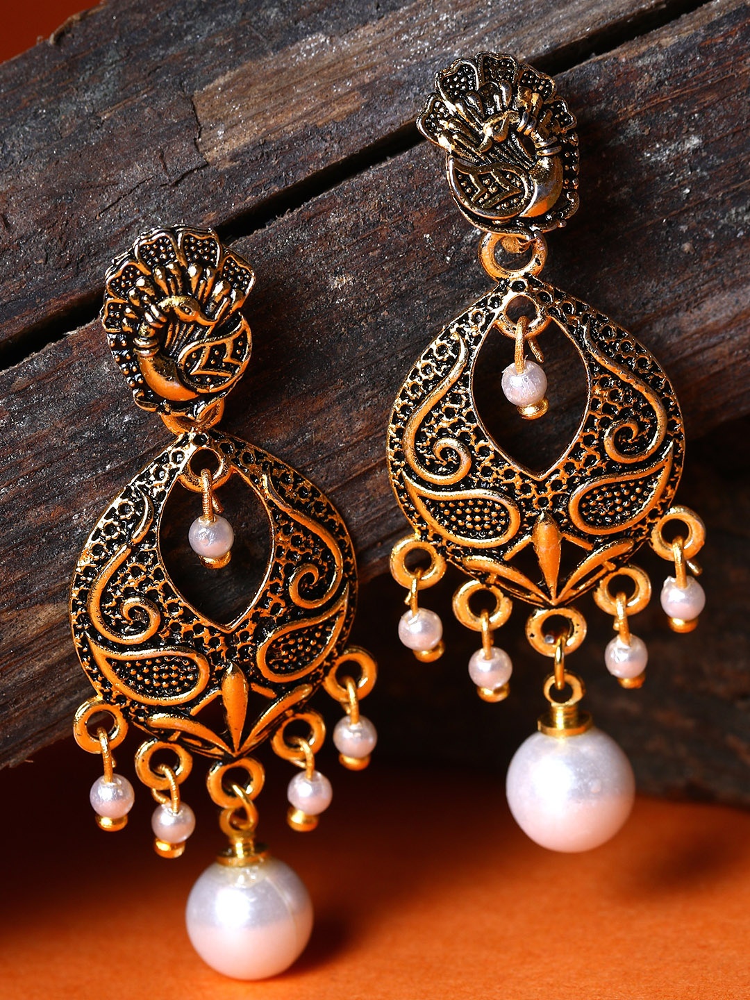 

ANIKAS CREATION Gold Plated & Gunmetal-Toned Peacock Shaped Drop Earrings, Metallic