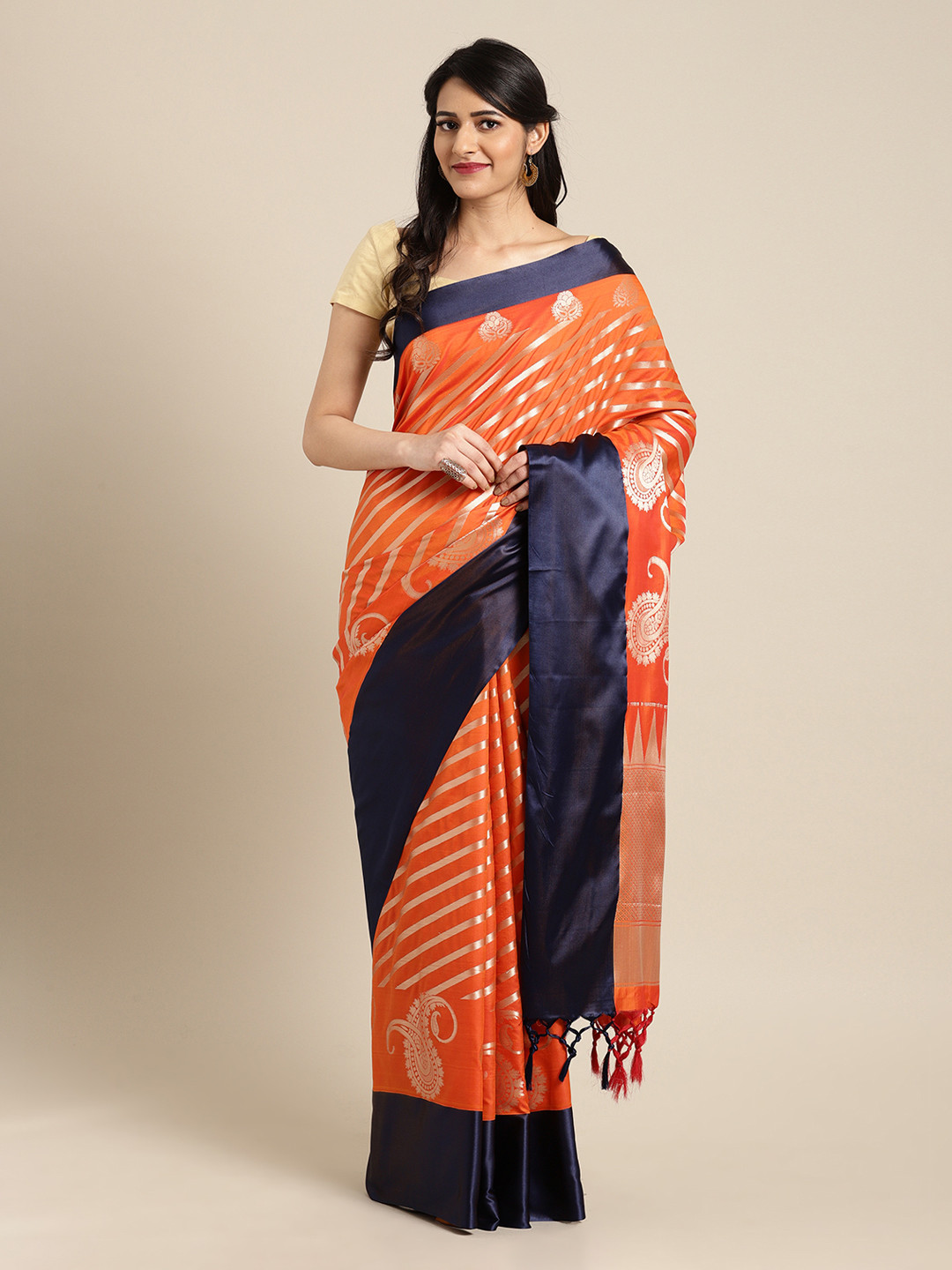 

Mitera Orange & Navy Blue Silk Blend Woven Design Kanjeevaram Saree