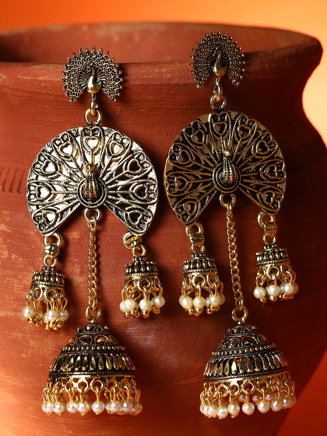 

ANIKAS CREATION Gold Plated & Off-White Enamelled Peacock Shaped Drop Earrings