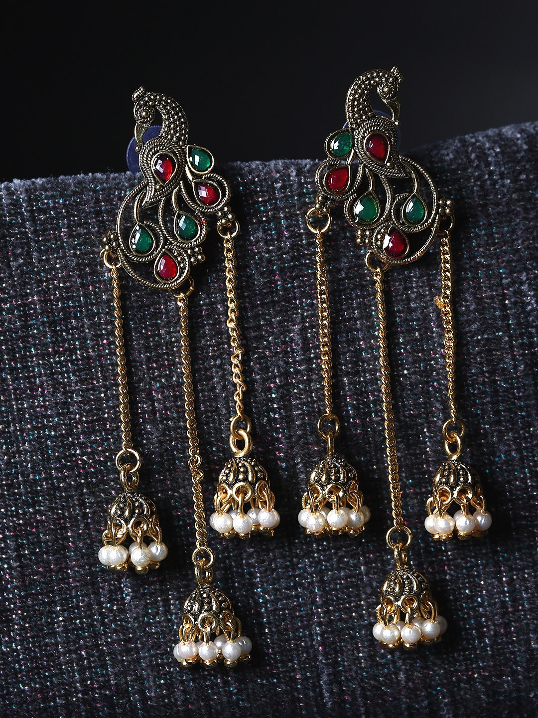 ANIKAS CREATION Gold Plated & Red Enamelled Peacock Shaped Drop Earrings