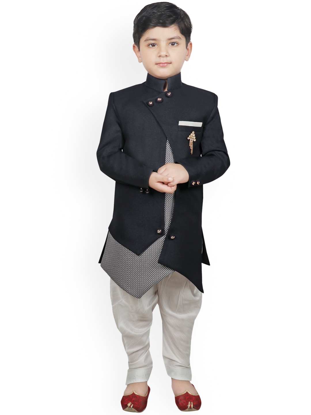 

SG YUVRAJ Boys Black & White Silk Sherwani
