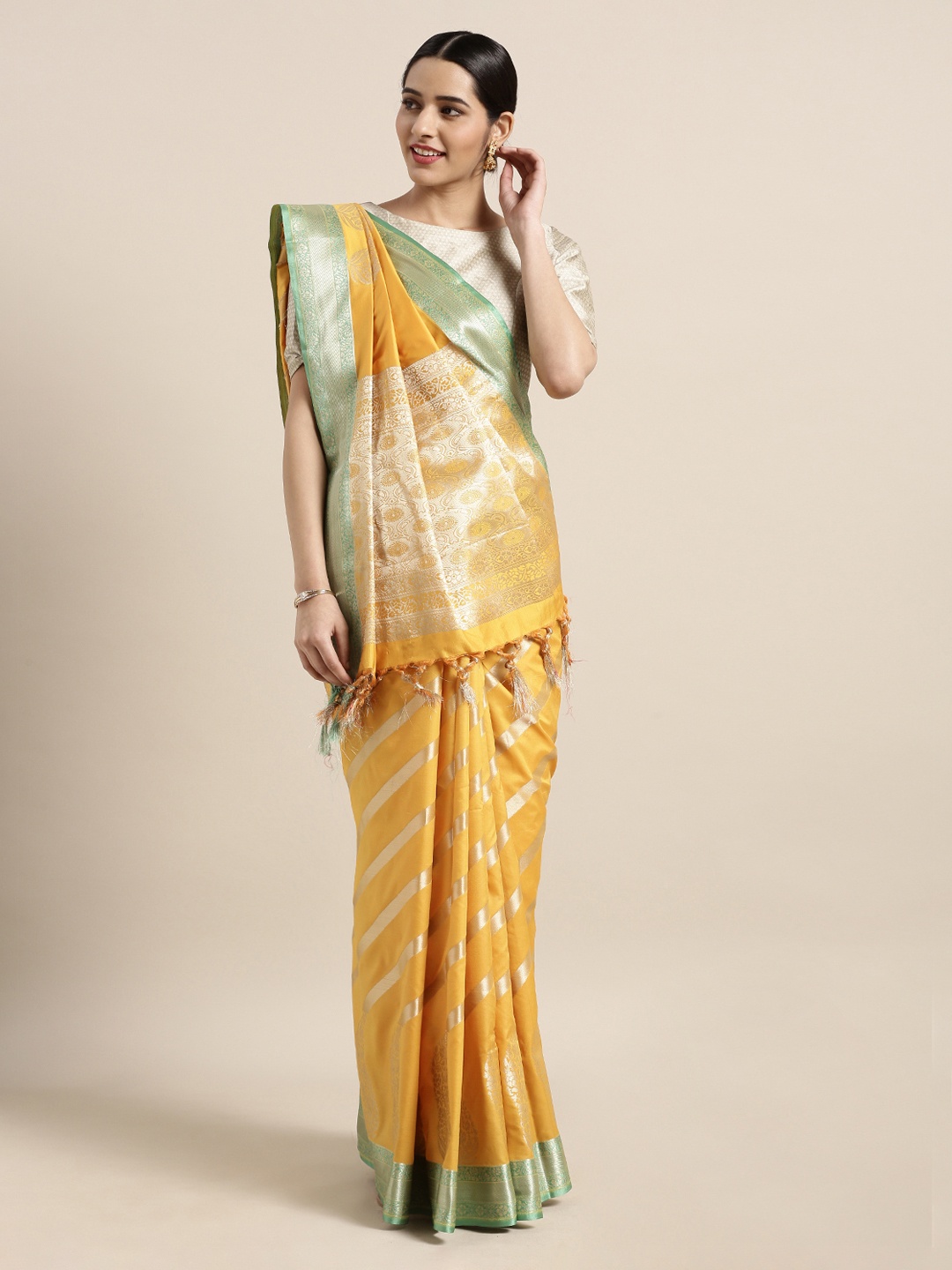 

Mitera Mustard Yellow & Green Silk Blend Striped Kanjeevaram Saree